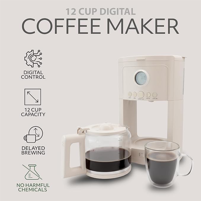 WILLOW Eco Series 12 Cup Drip Coffee Maker, 24 HR Programmable Coffee Maker with Glass Coffee Pot, Removable Filter Basket, Keep Warm Function & Auto Shut-off, Coffee Machine with Digital Display