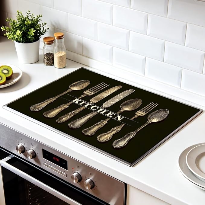 Stove Mat 28.35 x 20.47 Inch Vintage Cutlery Display with Classic Spoon Fork Knife on Dark Background Rustic Kitchen Art Style Timeless Antique Decor Look