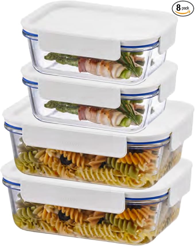 LocknLock LNG428S4W The Clear Borosilicate Glass Food Storage Containers with Lids, 8-Piece Set for Kitchen, Lunch, Meal Prep, Leftovers, Leakproof, Freezer, Microwave, and Dishwasher Safe