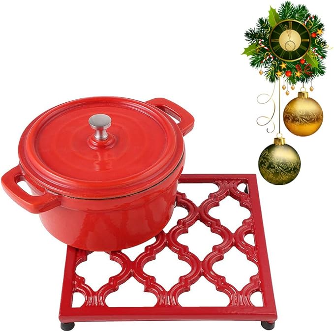 JOGREFUL Cast Iron Trivet Mats, Kitchen Pot Holders to Portect Table/Countertops, Heat Resistant Mats for Teapot/Hot Dishers/Plates, Vintage Mats with Weighted-Base, Red