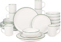OTAGO 24-Piece Porcelain Dinnerware Set for 6 with Mugs, White Stoneware Plates and Bowls Sets, Ceramic Dish Set for Kitchen, Dinner & Dining, Green Rim, Microwave & Dishwasher Safe