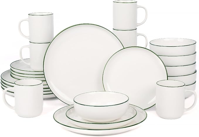 OTAGO 24-Piece Porcelain Dinnerware Set for 6 with Mugs, White Stoneware Plates and Bowls Sets, Ceramic Dish Set for Kitchen, Dinner & Dining, Green Rim, Microwave & Dishwasher Safe