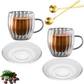 Double Wall Glass Coffee Mugs, 8.5oz/260ml, Clear, 2 Pack | Pumpkin Shaped Tumblers With Saucer and Spoon, For Cappuccino, Latte, Hot and Cold Drinks