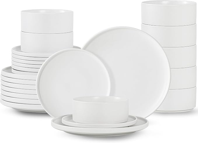 24 Piece Dinnerware Set, Modern Minimalist Stoneware Plates and Bowls Sets, Modern Dinner Plate, Salad Plate, Cereal Bowl, Dish Set for 8, Microwave and Dishwasher Safe, Matte White