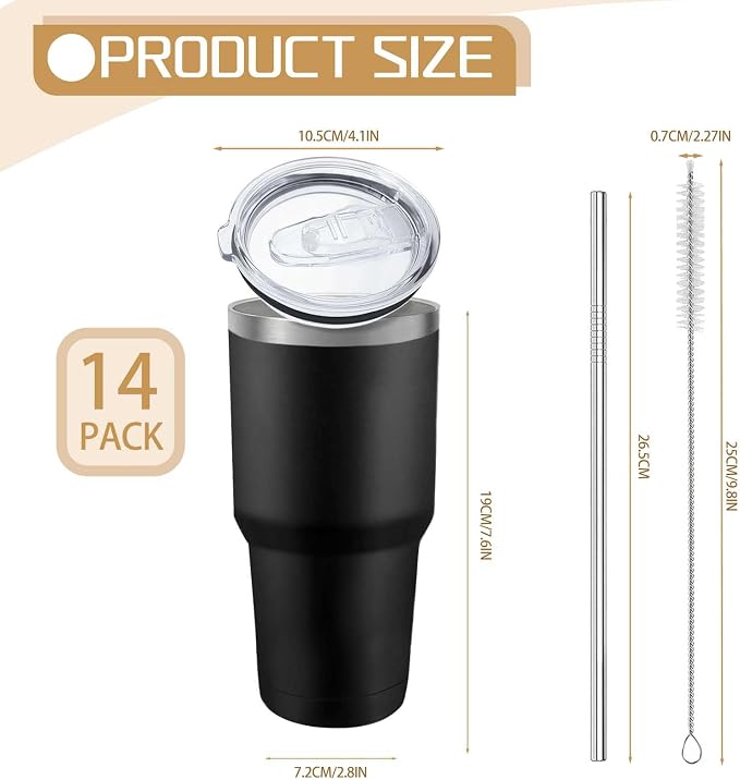 YOUKE OLA 14 Pack Insulated Tumbler Powder Coated Stainless Steel Double Wall Vacuum Travel Coffee Tumbler Cup with Lid and Straw for Laser Engrave DIY Gift 30oz Black