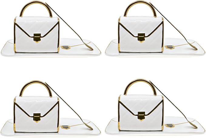 YnsfreeCeramic Purse Coffee Mugs Set Tea Cup Unique Bag shaped mug and Saucer Set with Spoon and Saucer For Women Thanksgiving Christmas Gifts (white set of 4)