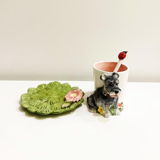 Ceramic Animal Coffee Mug Cup and Saucer Set，200ML(6.8OZ) 3D Hand-painted Tea Cup with Spoon (Grey)