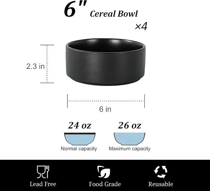 26 OZ Ceramic Cereal Bowls Set, 6 Inch, Set of 4, Modern Black | Dishwasher & Microwave Safe, Handcrafted, For Breakfast, Soups, Oatmeal, Ramen, Pho, Udon, Soba