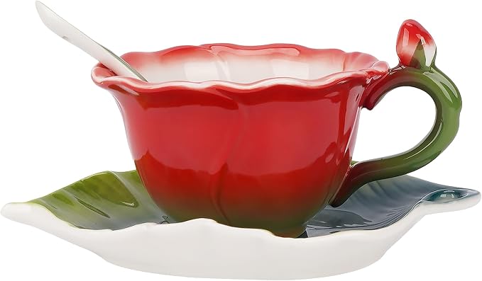 Red Rose Floral Teacup and Saucer Set for Women, 5.6oz Enamel Porcelain Rose Flower Shaped Tea Cup with Spoon