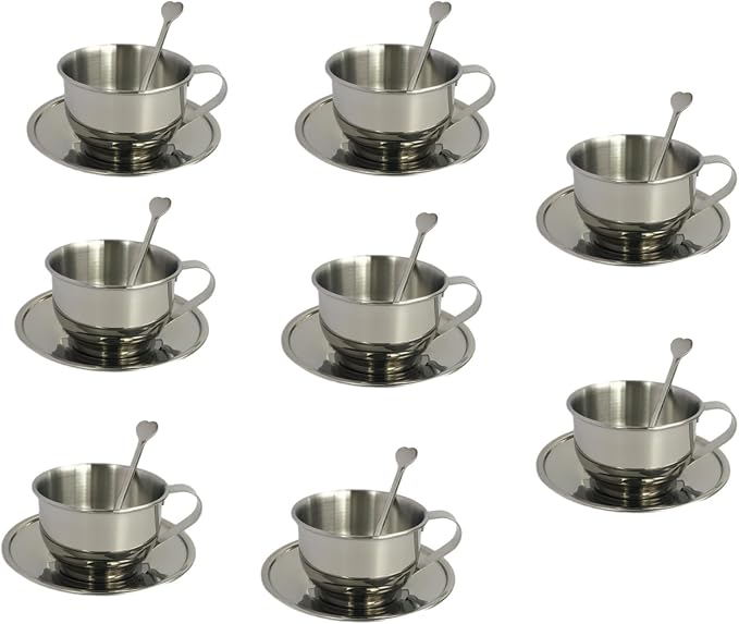 8 Packs Stainless Steel Coffee Cups 5.75 Oz Coffee Mugs with Spoon and Saucer Espresso Cups Cups Mugs for Coffee, Latte,Tea, Milk