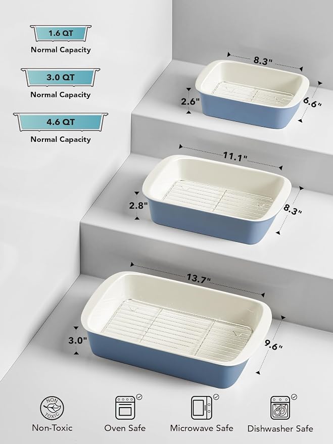 LE TAUCI Deep Casserole Dishes for Oven, 13.7”x9.6” Ceramic Baking Dish Set with Roasting Racks, Large Lasagna Pans with Handles, Rectangular Bakeware as Gift for Mom, Dusty Blue (4.6QT/3.0QT/1.6QT), Set of 3