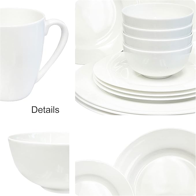 Bone China 20 Piece Dinnerware Set, Service for 4, White, Microwave Safe, Dishwasher Safe,Chip Resistant, Translucent, Elegant giftware, Dish set, For, Essential Home, Everyday Living, Kitchen Set