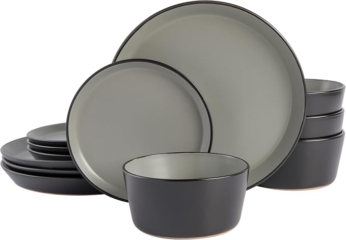 Gibson Soho Lounge Sofia Coupe 12-Piece Stoneware Dinnerware Set, Service for 4 – Grey Plates and Bowls