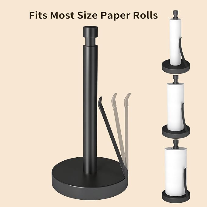 YUMORE Heavy Duty Stainless Steel Paper Towel Holder – Easy One-Handed Tear, Weighted Base Non-Slip, Tension Arm Prevents Unraveling, Countertop Paper Stand for Kitchen, Fits Most Size Rolls (Black)