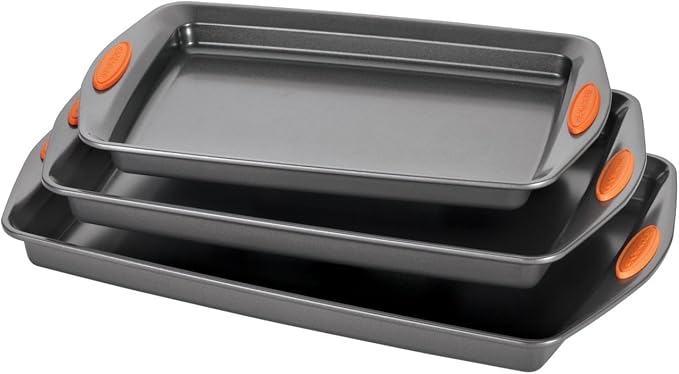 Rachael Ray Yum-o! Nonstick Bakeware Oven Lovin' Cookie Pan Set, 3-Piece, Gray with Orange Silicone Grips