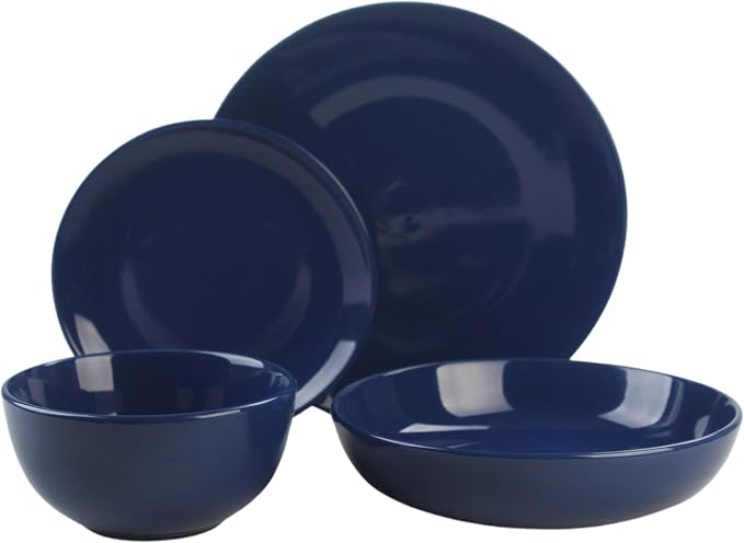 16 Piece Coupe Stoneware Dinnerware Set with Dinner Bowl, Service for 4, Cobalt Blue