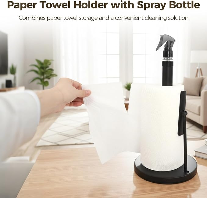 2-in-1 Paper Towel Holder with Spray Bottle, Standing Countertop Paper Towel Holder with Spray Pump, Suction Cups Base, Stainless Steel, 14.2 x 7.1 in
