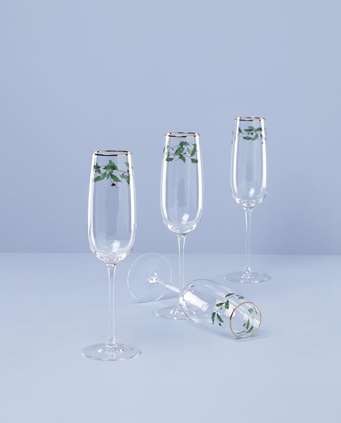 Lenox Glassware, Holiday Decal Flutes, Set of 4, 11-Ounce Capacity, Made From Glass, Flutes, Drinking Glasses Set, Home And Kitchen, Champagne Flute, Champagne Glasses (Clear, 4 Piece)
