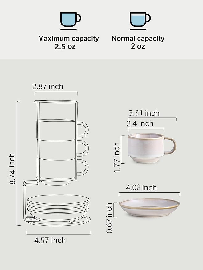 Gomakren 2.5 Ounce Espresso Cups Set of 4, Small Stackable Coffee Cups with Saucers and Metal Stand Father's Day Porcelain Demitasse Cups for Specialty Coffee Drinks, Cappuccino, Latte, White