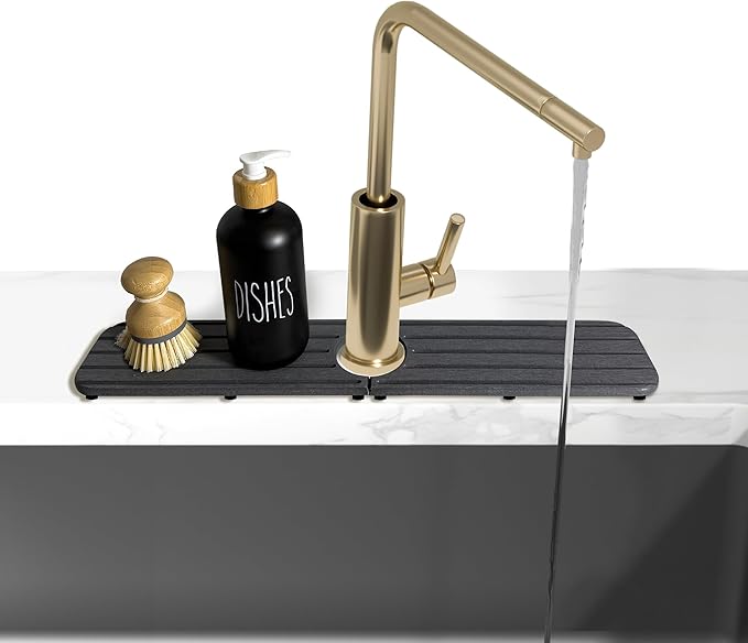 NiuYichee 17inch x 4inch Kitchen Sink Faucet Mat, Water Absorbing Stone Faucet Splash Guard for Bathroom Counter, Quick Drying Diatomite Tray for Kitchen Sink, Dark Gray