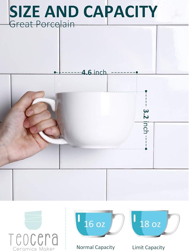 Teocera 16oz Large Coffee Mugs Set of 4 - Thick White Porcelain Cups for Cappuccino, Latte, Tea & Hot Chocolate - Dishwasher Safe Ceramic with Comfort Grip Handles