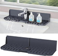 Sink Splash Guard Behind Faucet, Silicone Sink Faucet Drying Mat & Dish Soap Sponge Holder, 17" x 5.5" Silicone Kitchen Sink Auto Drain Organizer (Grey)