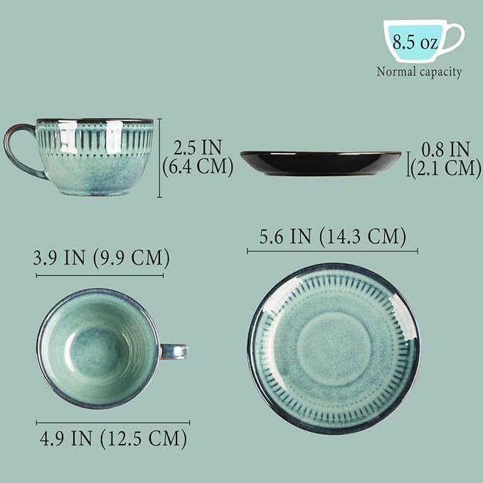 Cappuccino cup with tray, 8.5 oz. Set of 4 Ceramic Coffee Cups and Saucer Set for Latte, latte art cup, suitable for latte/cappuccino/milk/tea