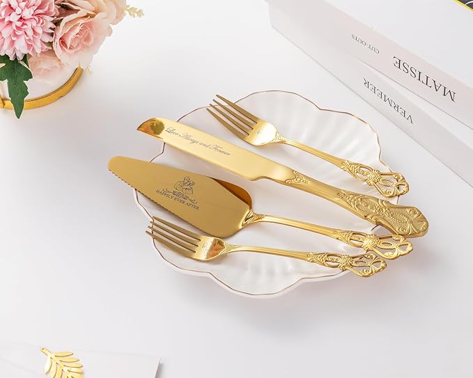 Wedding Cake Knife and Server Set, Mr and Mrs Champagne Flutes with Gold Cake Cutting Set for Wedding Bridal Shower Gifts