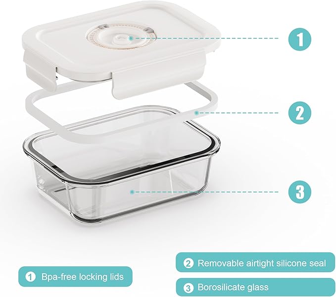 Vacuum Seal Glass Food Storage Containers, 3pcs Containers with 10pcs Sous Vide Bags/ 1pc Manual Pump, Meal Prep Container with Airtight Locking Lids for Lunch, Long-Lasting Freshness