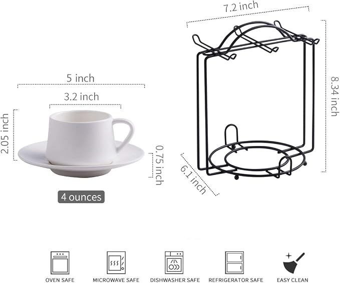 YHOSSEUN Espresso Cups Set of 6, Ceramic Expresso Shot Cups with Saucers, Stir Spoons, and Metal Stand, 4 OZ Small Coffee Cup for Father's Day, Tea Party - White