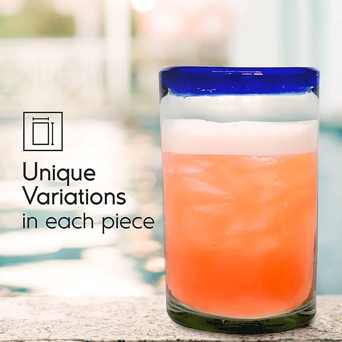 Cobalt Blue Rim 14 oz Drinking Glasses (set of 6), Recycled Glass, Lead-free, Toxin-Free (Drinking)