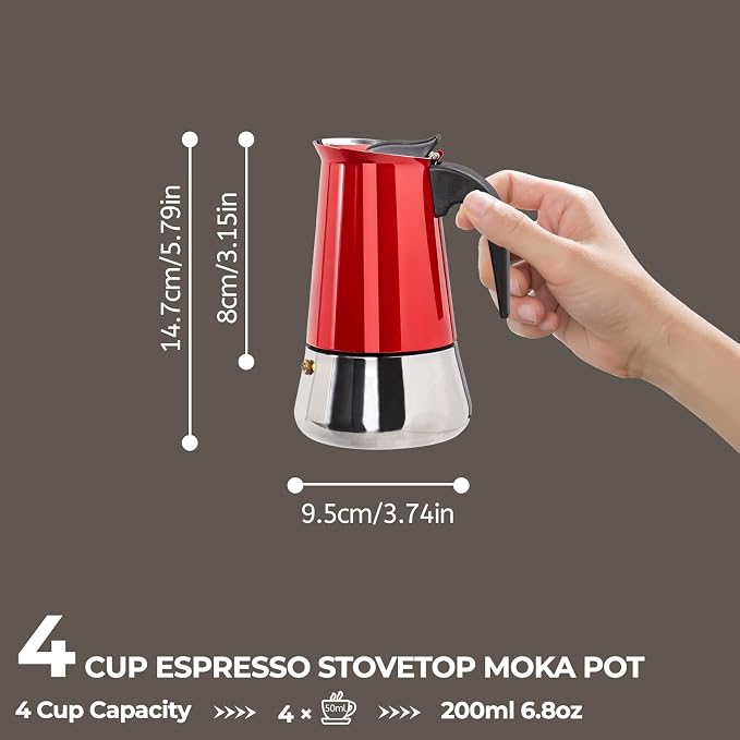4 Cup 200ml Moka Pot Stainless Steel Espresso Coffee Maker Stovetop Coffeemaker Italian Classic Style Brewing Greca Cafe Mocha Machine for Cafeteras Lover Camping Travel and Home Use 6.6oz