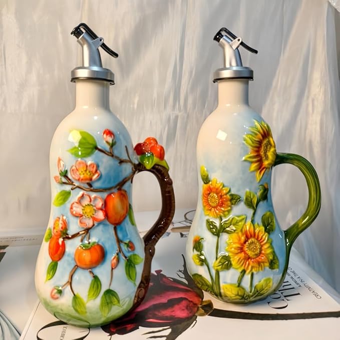 18.26oz/540ml Ceramic Olive Oil Dispenser Bottle,Hand Painted Reliefs Oil Dispenser for Kitchen,Oil Bottles for Kitchen (Sunflower)