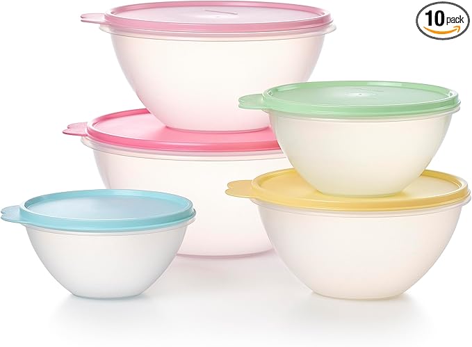 Tupperware Heritage Wonderlier 10 Piece Food Storage Bowl Set in Vintage Colors- Dishwasher Safe & BPA Free - (5 Containers + 5 Lids)