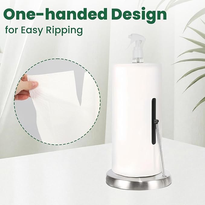 Paper Towel Holder with Spray Bottle,Heavy-Duty Countertop Kitchen Paper Towel Holder,Stainless Steel One-Handed Tear Kitchen Towel Dispenser for Countertop (Silver)
