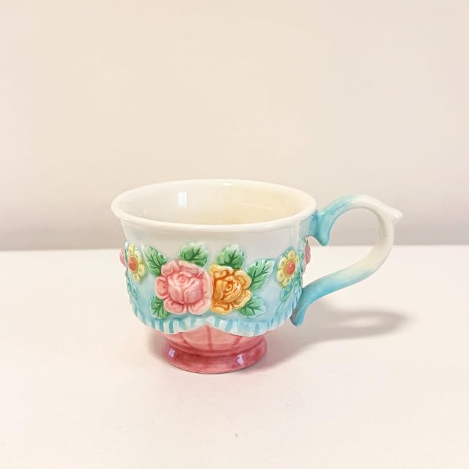 Ceramic Coffee Mug and Saucer Set for Women, Vitorian Hand-painted Rose Flower Tea Cup - 3oz(Multicolour)