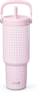 Ello Oasis Go+ 26oz Tumbler with Top Handle and Retracting Straw | Reusable Insulated Stainless Steel Cup, 100% Leakproof Water Bottle, 24 Hours Cold, Cup Holder Friendly For Travel | Pink Gingham