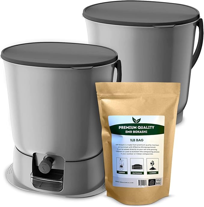 TeraGanix Bokashi Compost Starter Kit, Essential Set + Base, Indoor Composting, 2X 15.3L (4 gal) Bins, Collect & Ferment Waste, Airtight, No Pests or Odors, Bokashi Rice Bran Included, (Grey)