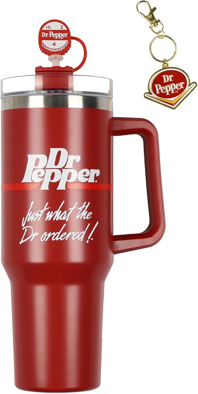 Culture Fly Dr Pepper 30-oz Stainless Steel Tumbler Cup Set with Handle Straw Cover Topper Retro Logo Keychain Insulated Travel Mug