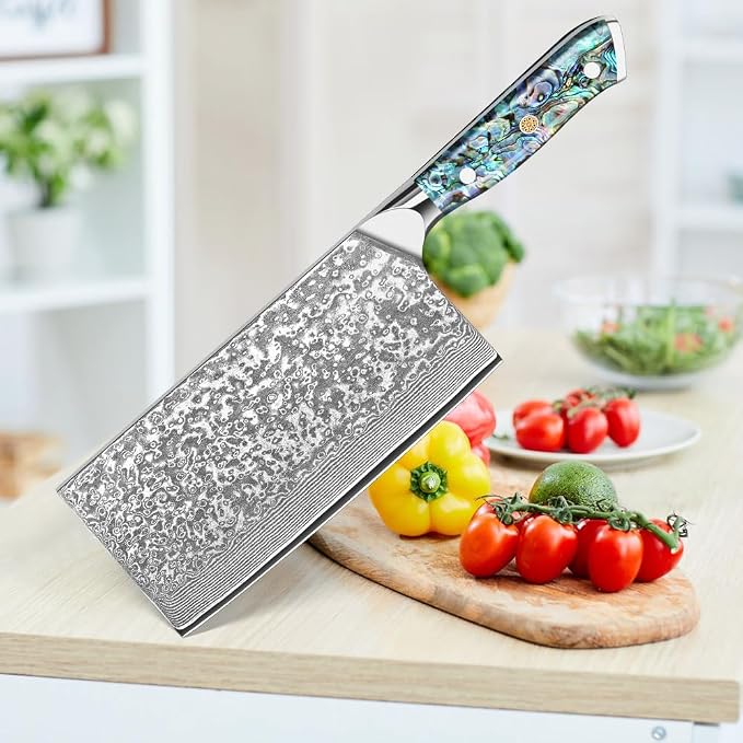 KEENZO Chinese kitchen Knife 7.5 inch,Razor Sharp Professional Chef knife, Japanese Hand Forged 67 Layers Damascus Steel Cooking Knife, Ergonomic Abalone Shell Handle Cooking Knife with gift box