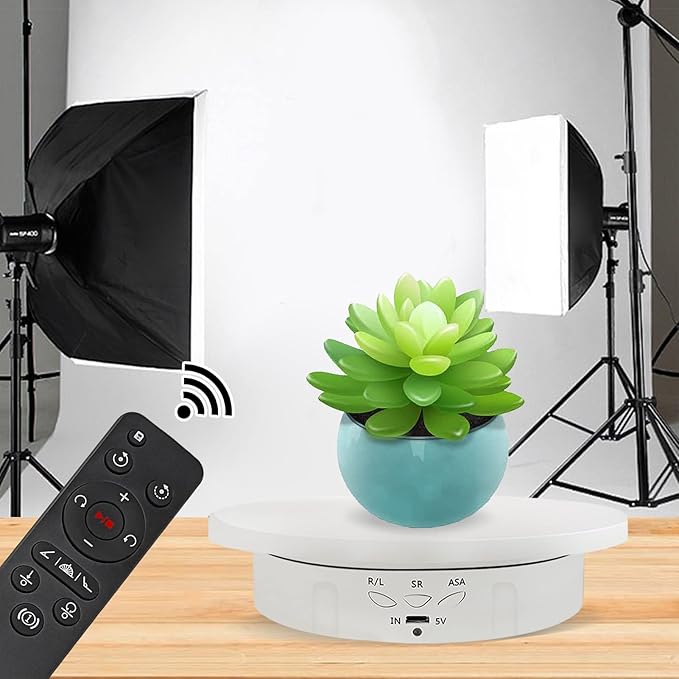 Remote Motorized Rotating Display Stand Turntable with Rechargeable Battery Motorized Lazy Susan with 5.74/7.08/8.66 inch Replacement Cover 3 in 1 for Photography Products and Shows (White)