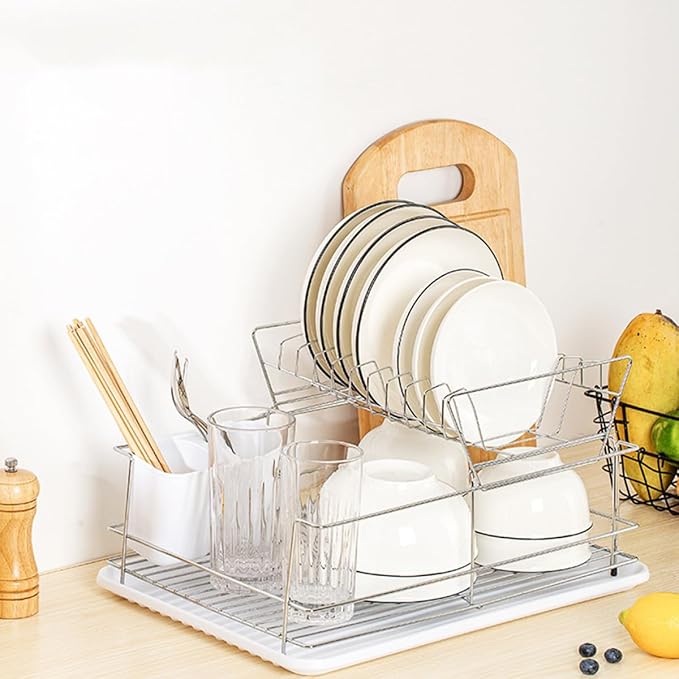KALLORY 2-Layer Stainless Steel Dish Drying Rack Over Sink, Detachable Kitchen Tableware Drainer and Storage Organizer for Countertop Sink Use