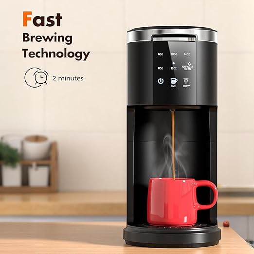 Electactic Single Serve Coffee Maker, 2 in 1 Coffee Machine for K-Cup & Ground Coffee, 6 to 14oz Brew Sizes, Pod Coffee Makers with 40oz Removable Water Reservoir, LCD Screen, Self-cleaning, Black