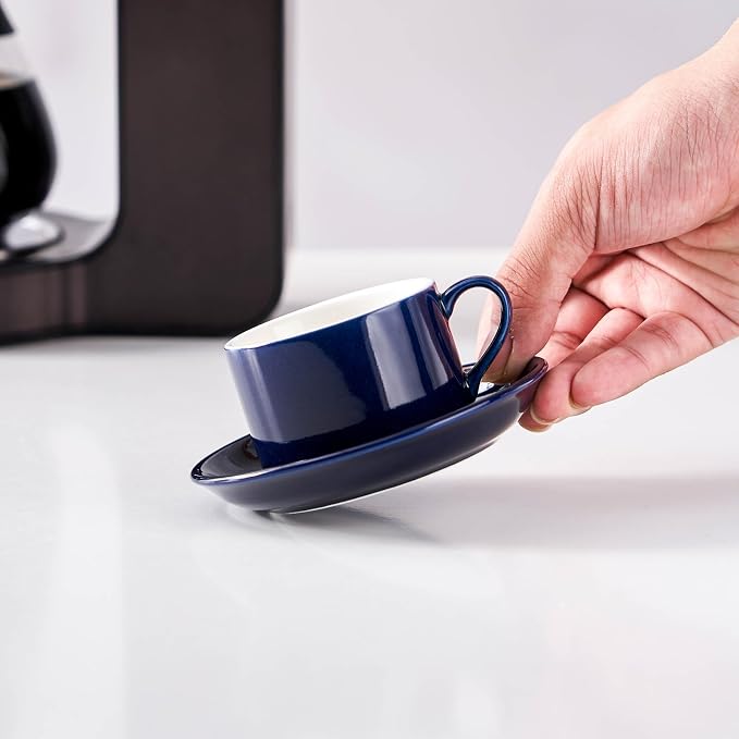 2.5oz Espresso Cups Set of 4, Porcelain Stackable Espresso Cups with Saucers and Metal Stand Set, Blue Expresso Shots Cup Set