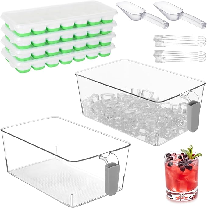 Freezer Ice Bin Set, 2 Pcs Ice Bin with Scoop and Tong, Ice Tray, Clear Ice Bucket with Pull-out Handle for Freezer, Clear Plastic Ice Container for DIY Drink Summer Party, 12.2 x 6.9 x 4.3 in