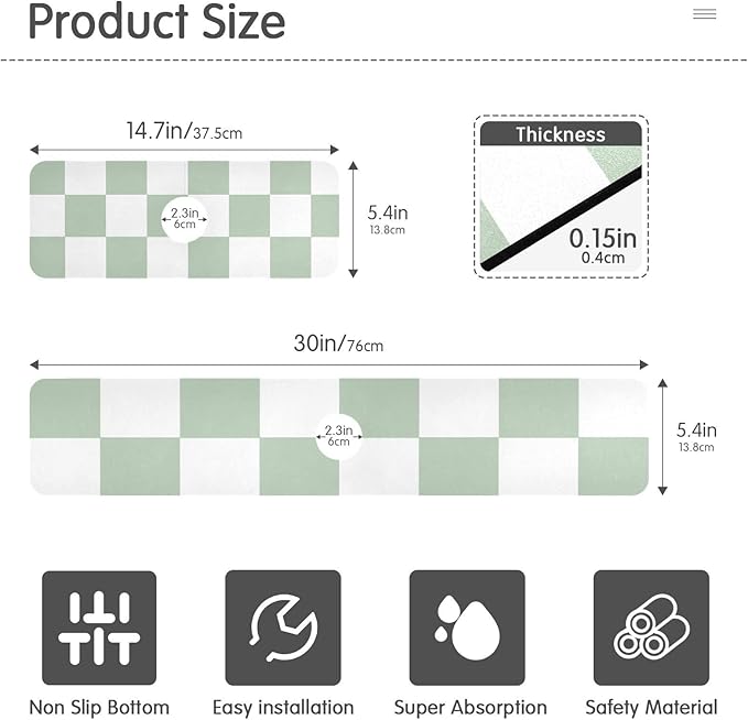 Kitchen Sink Splash Guard 2 PCS 30 Inch Sink Faucet Mat Splash Guard for Bathroom Countertop Water Absorbent Foldable Cuttable Soft Washable Checkered White and Green