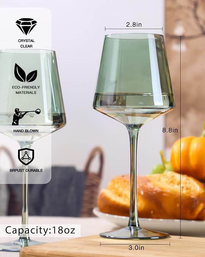 Green Wine Glasses Set of 6-18oz Colored Square Wine Glasses with Tall Long Stems and Flat Bottom,Crystal Colorful Wine Glass-Unique Gifts for Wine Lovers,Wedding Gifts (Light Blue Sea)