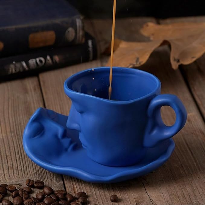 Human Face Ceramic Coffee Mug, 8.8oz/260ml Kissing Coffee Cup with Saucer Coffee Spoon, Tea Cup Milk Latte Espresso Cappuccino Juice Beverage Iced Tea Water Cups Drinkware (Blue)
