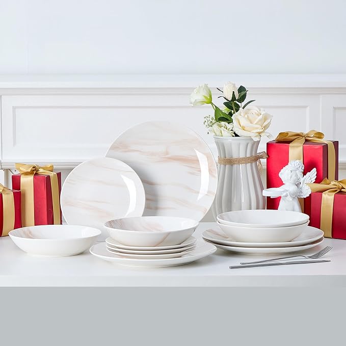 Bestone 12 Pieces Round Kitchen Dinnerware Sets,Plates and Bowls sets,Dishes, Plates, Bowls, Dish Set，Plates and Bowls,Service for 4, Orange and White Marble