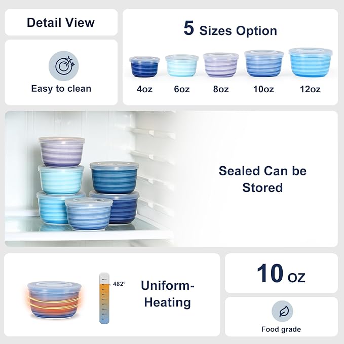 Selamica Ceramic Ramekins with Lids, 10 OZ Creme Brulee Ramekins with Covers Oven Safe, Custard Cups Small Baking Bowls for Souffle, Pudding, Onion Soup, Dips, Set of 6, Gradient Blue